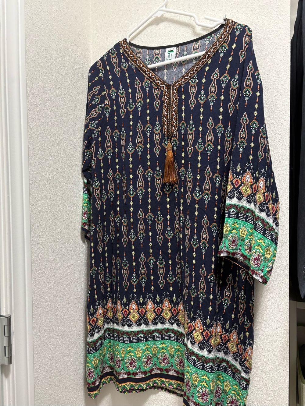 Boho Tassel V-Neck Maxi Dress - Navy with Green Border